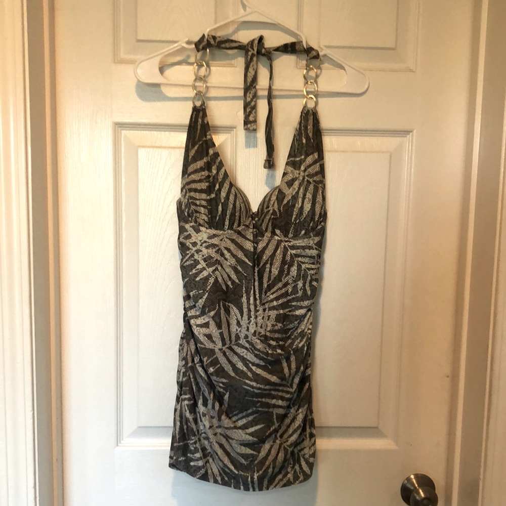 Khaki fern print 50s style bathing suit is iconic with gold accents